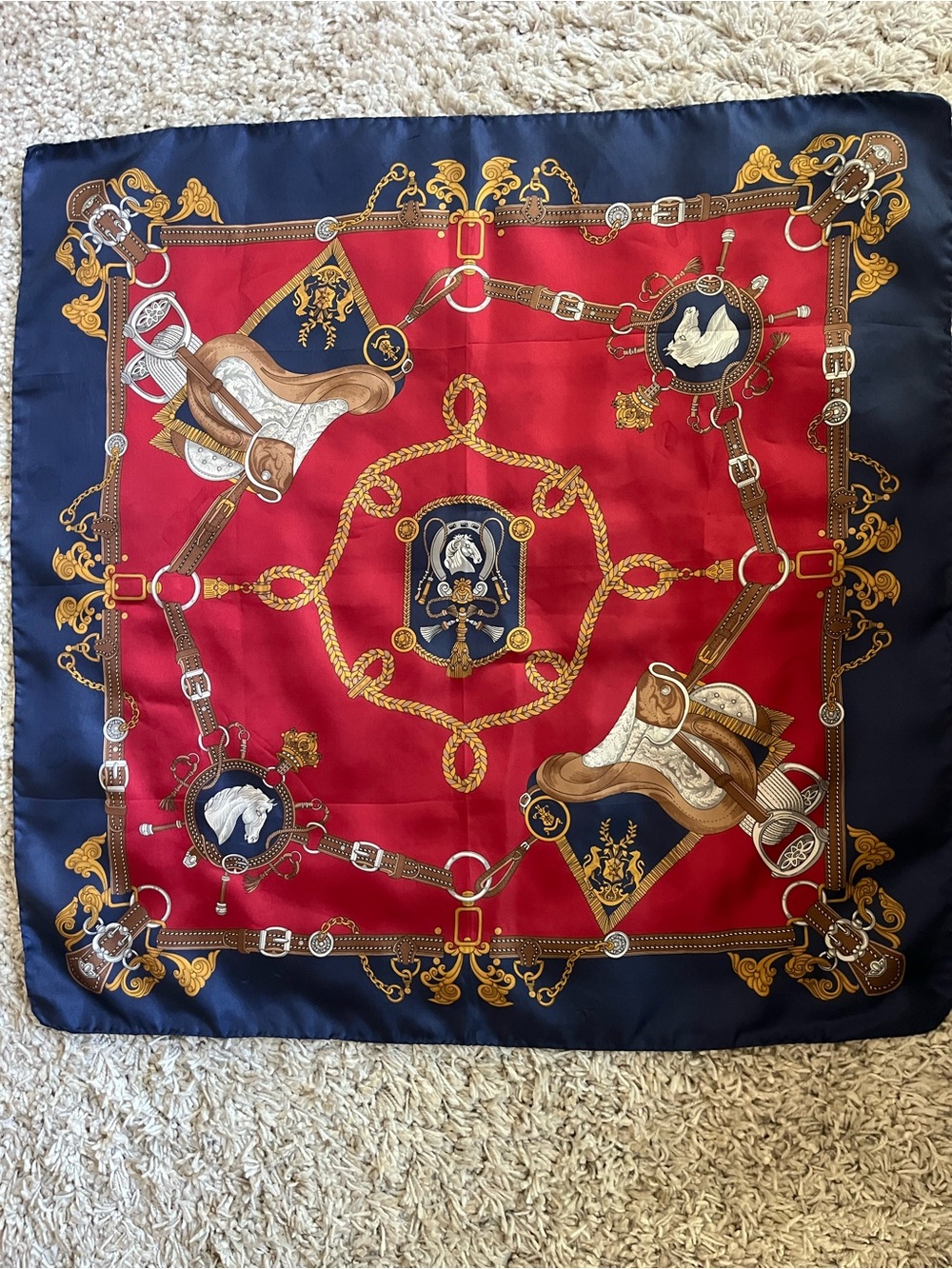 Equestrian Print  Scarf in Red & Navy 26x26